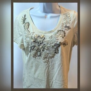 Coldwater Creek Cream Floral Embroidered Tee